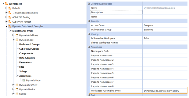 Yellow rectangle box that shows the updated Workspace Assembly Service field to DyanmicCode.WsAssemblyFactory.